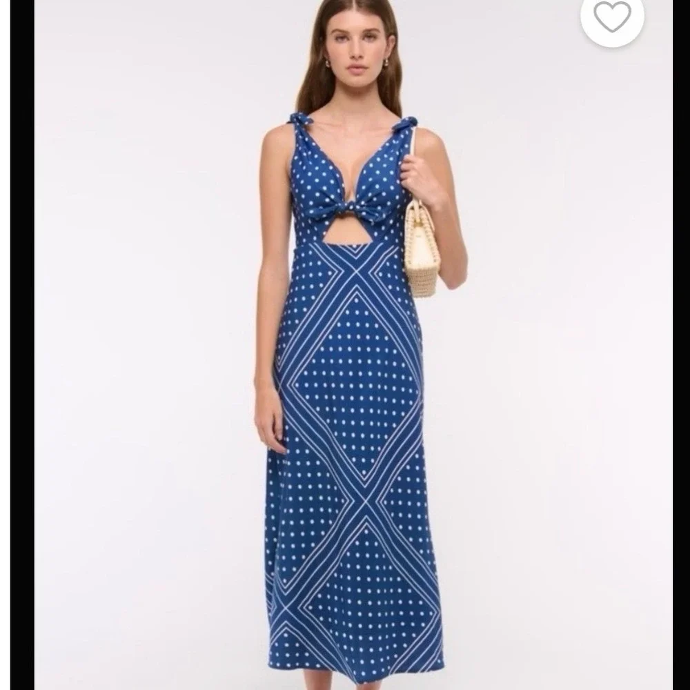 Abercrombie & Fitch Blue Polka Dot Tie-Front Cutout Maxi Dress L Vacation Summer